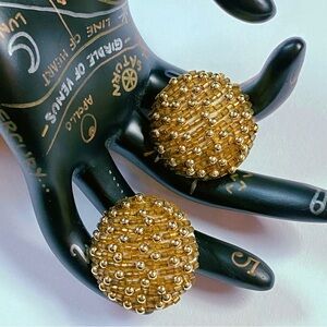 Vintage 1970s Gold Beaded Clip On Earrings